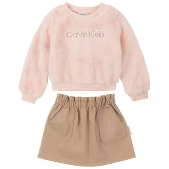 Calvin Klein | Little Girls Faux Fur Logo Pullover and Pleather Skirt, 2 Piece Set 