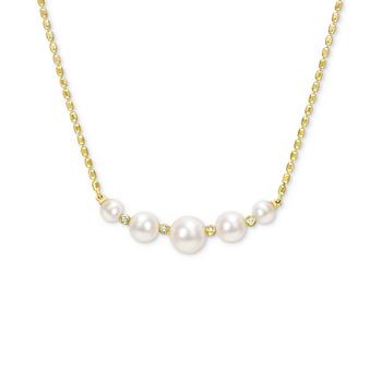 商品Macy's | Cultured Freshwater Pearl (4-1/2 - 8mm) & White Topaz (1/20 ct. t.w.) Graduated Curved Bar 18" Pendant Necklace in 18k Gold-Plated Sterling Silver,商家Macy's,价格¥1556图片