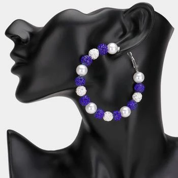 FASHNZFAB | Pearl Shamballa Ball Beaded Hoop Earrings - Blue,商家Premium Outlets,价格¥149