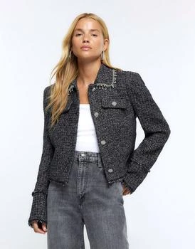 River Island | River Island Boucle diamante collar blazer in black 