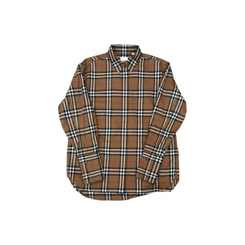 Burberry | 现货 Burberry/博柏利 女士棕色棉质网格纹落肩袖单排扣衬衫80934801,商家VPF,价格¥1435