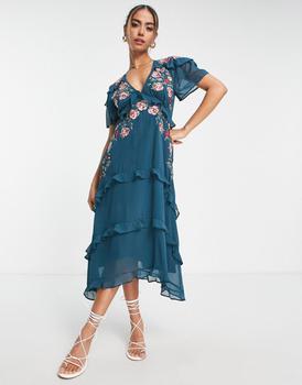Iris & Ivy, Hope & Ivy | Hope & Ivy embroidered ruffle midi dress in emerald商品图片 