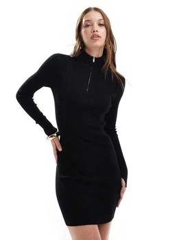Miss Selfridge | Miss Selfridge rib knit half zip collar detail mini dress in black,商家ASOS,价格¥160