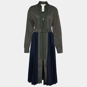 推荐Sportmax Olive Green Cotton & Plisse Belted Midi Coat Dress M商品