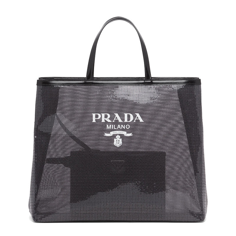 Prada | 【预售3-7天】PRADA/普拉达 21年秋冬 女士黑色织物材质皮革提手附可拆卸皮革拉链式小袋亮片装饰网眼手提托特包1BG416_2D0A_F0002_V_OOO商品图片,7.9折, 包邮包税