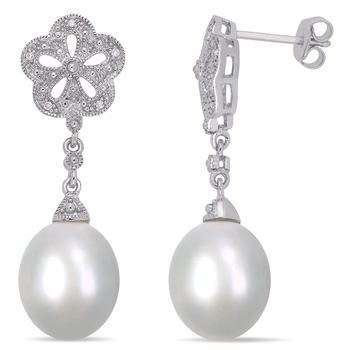 商品Amour | White Cultured Freshwater Pearl and Diamond Vintage Drop Earrings In Sterling Silver,商家Jomashop,价格¥900图片