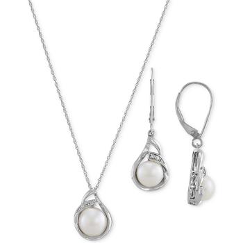 商品Macy's | 2-Pc. Set Cultured Freshwater Pearl (7 & 10mm) & Diamond (1/20 ct. t.w.) 18" Pendant Necklace & Matching Drop Earrings in Sterling Silver,商家Macy's,价格¥1141图片