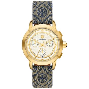 tory burch miller行李箱, Tory Burch | Women's Chronograph The Tory Blue Fabric & Luggage Leather Strap Watch 37mm商品图片 