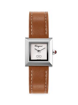 推荐Ferragamo Square Silvertone Leather-Strap Watch商品