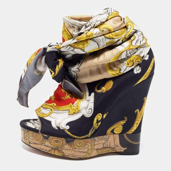 推荐D&G Multicolor Printed Silk Scarf Open Toe Ankle Wrap Wedge Pumps Size 38商品