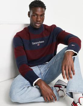推荐Tommy Jeans relaxed fit serif logo stripe knit jumper in burgundy商品