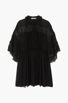 时尚Chloé女装, Chloé | Lace-paneled ruffled plissé-silk georgette mini dress商品图片 3折