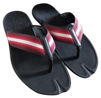 Gucci | Gucci Men's Flip-Flop Black Leather / Rubber Thong Sandals With Red White Web 338785 6460商品图片,7.6折, 满$175享9折, 满折