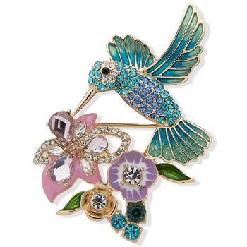 商品Anne Klein | Gold-Tone Crystal Hummingbird & Flower Pin,商家Macy's,价格¥216图片