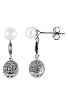 Splendid Pearls | Rhodium Plated Sterling Silver 5-5.5mm Cultured Freshwater Pearl Pavé Ball Drop Earrings商品图片,