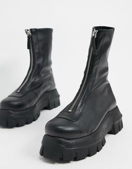 推荐ASOS DESIGN Apricot premium leather chunky zip front boots in black商品