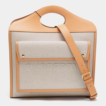 burberry托特包, Burberry | Burberry Beige Canvas and Leather Medium Pocket Tote商品图片 6.5折