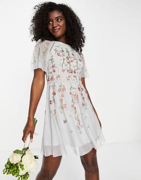 推荐ASOS DESIGN Bridesmaid floral embroidered flutter sleeve mini dress with embellishment in soft blue商品
