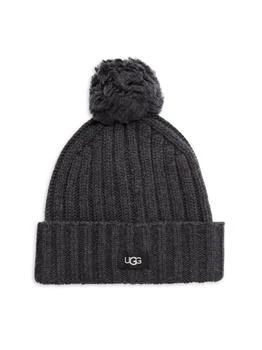 UGG | Faux Fur Pom Rib Knit Beanie,商家Saks OFF 5TH,价格¥190