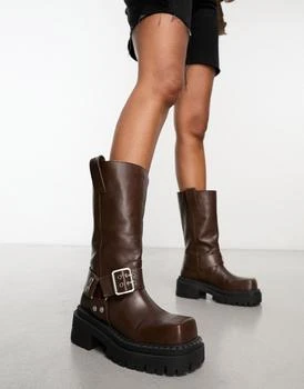 推荐ASOS DESIGN Conquest premium leather harness biker boots in brown商品