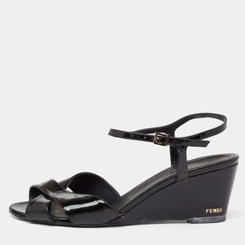 fendi鞋直邮, [二手商品] Fendi | Fendi Black Patent Leather Wedge Ankle Strap Sandals Size 42商品图片 8.5折