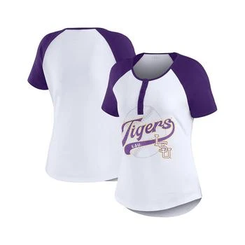 WEAR by Erin Andrews | Women's White Distressed LSU Tigers Baseball Logo Raglan Henley T-shirt,商家Macy's,价格¥300