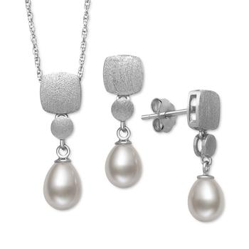 Belle de Mer | 2-Pc. Set Cultured Freshwater Pearl (6mm) Brushed Finish Pendant Necklace & Matching Drop Earrings in Sterling Silver, Created for Macy's商品图片,2.5折