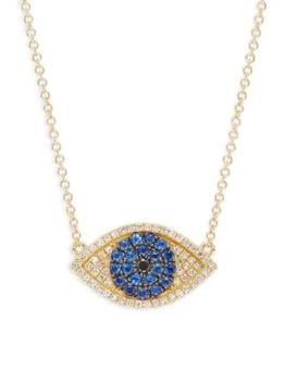 推荐14K Yellow Gold, Sapphire, White Diamond & Black Diamond Evil Eye Pendant Necklace商品