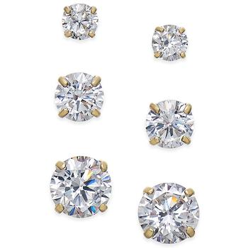 商品Macy's | Cubic Zirconia 3-Pc. Set Graduated Stud Earrings in 14k Gold or 14k White Gold,商家Macy's,价格¥984图片