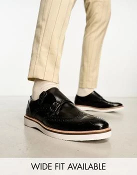 ASOS | ASOS DESIGN brogue monk shoes in black leather with white wedge sole,商家ASOS,价格¥235