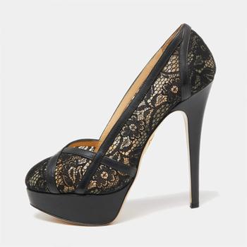 Charlotte Olympia, [二手商品] Charlotte Olympia | Charlotte Olympia Black Leather And Lace Platform Pumps Size 38.5商品图片 7折, 满1件减$100, 满减