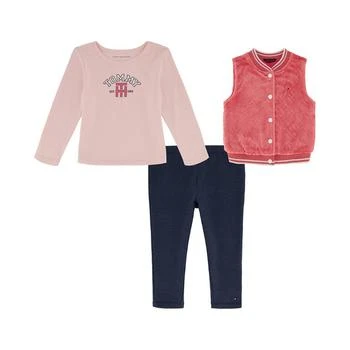 Tommy Hilfiger | Little Girls Debossed Sherpa Vest, Long Sleeve Logo T-shirt and Leggings Set, 3 Piece,商家Macy's,价格¥330