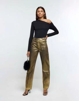 River Island | River Island Relaxed straight coated jeans in gold 