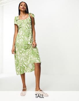 River Island Tall | River Island Tall tie shoulder button front midi dress in green floral商品图片,7.5折