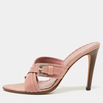 推荐Yves Saint Laurent Pink Leather Cross Strap Buckle Sandals Size 39商品
