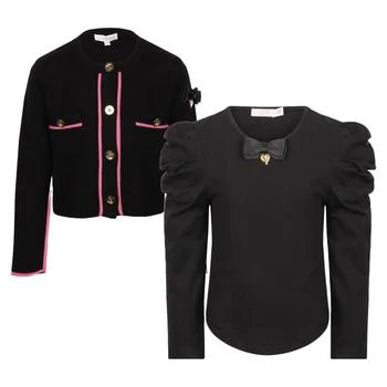 推荐Black knitted jacket with pink detail and ruffled bow tie t shirt set商品