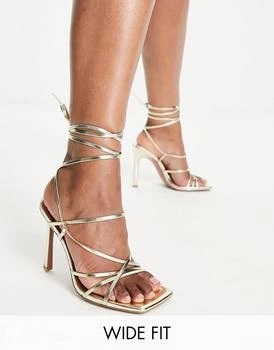 ASOS | ASOS DESIGN Wide Fit Nobu strappy tie leg heeled sandals in gold 独家减免邮费