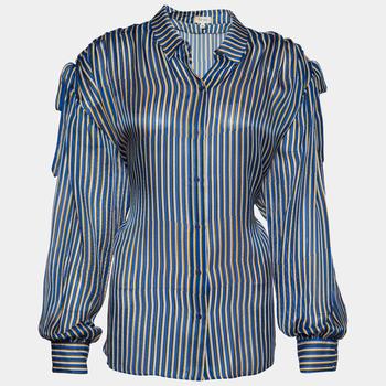 推荐Kenzo Blue Striped Silk Shoulder Tie Detail Button Front Blouse XL商品