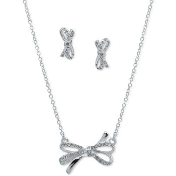 Anne Klein | Silver-Tone 2-Pc. Set Pavé Bow Pendant Necklace & Matching Stud Earrings商品图片,