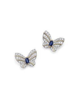 商品Diamond and Blue Sapphire Butterfly Stud Earrings in 14K Yellow Gold - 100% Exclusive图片