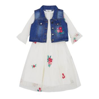 商品Big Girls Denim Vest To Embroidered Mesh Dress Set, 2 Piece图片