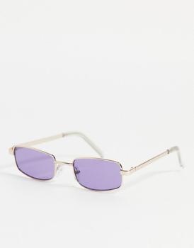 ASOS | ASOS DESIGN rectangle sunglasses in gold with purple lens商品图片,7.6折×额外9.5折, 额外九五折