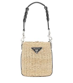 Prada | Leather-trimmed raffia bucket bag商品图片,