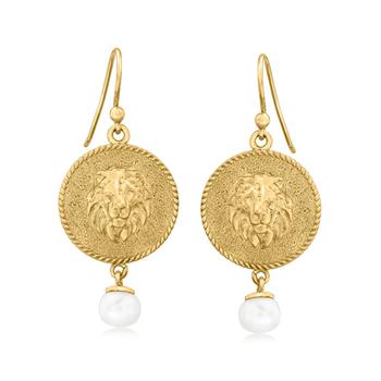Ross-Simons | Ross-Simons 6.5-7mm Cultured Pearl Lion Head Drop Earrings in 18kt Gold Over Sterling商品图片,3.7折
