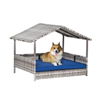 商品Elevated Wicker Dog House, Raised Rattan Pet Bed Cabana Canopy, Blue图片