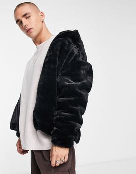 推荐Bershka faux fur hooded jacket in black商品