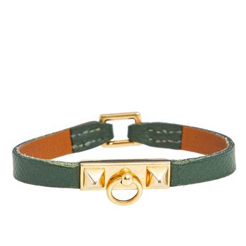 推荐Hermès Green Leather Gold Plated Micro Rivale Bracelet S商品