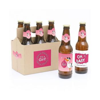 商品Girl Special Delivery - Pink It's A Girl Stork Baby Shower Decorations for Women & Men - 6 Beer Bottle Label Stickers & 1 Carrier图片