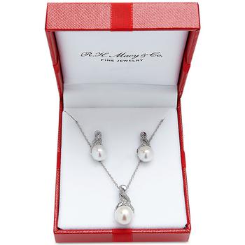 商品Macy's | Cultured Freshwater Pearl (8 & 9mm) and Diamond Accent Pendant Necklace and Earrings Set in Sterling Silver or 14k Gold Over Silver,商家Macy's,价格¥734图片