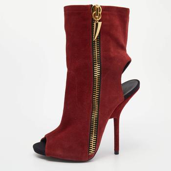 推荐Giuseppe Zanotti Dark Red Suede Alien Peep Toe Cut Out Ankle Boots Size 38商品